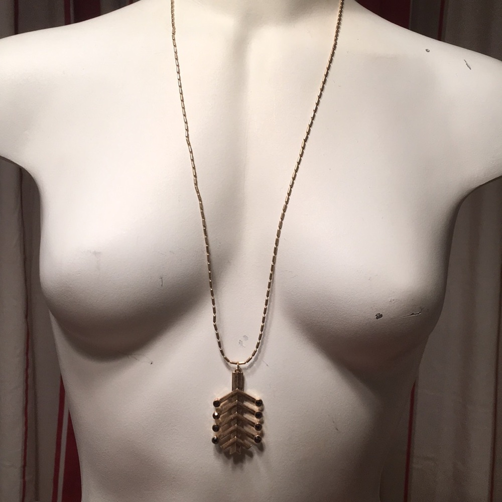 Long gold necklace w/ geometric rhinestone charm